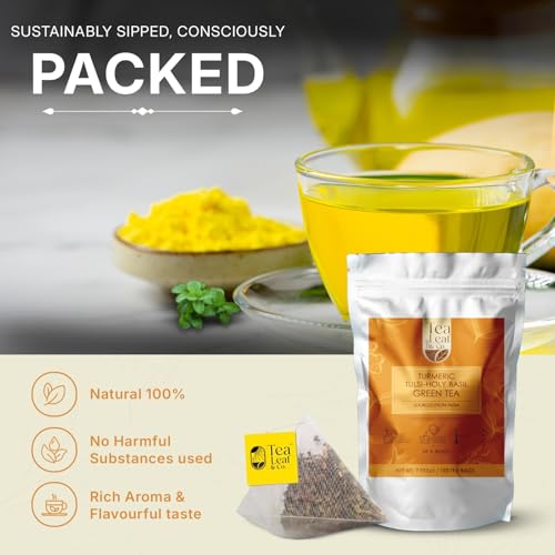 Image of Tealeaf & Co. Turmeric Tulsi Holy Basil Green Tea - Turmeric, Tulsi & Peppermint Tea Blended with Fresh Herbs & Spices - Low Caffeine & Vegan - 100 Teabags (7.055oz /200gm)