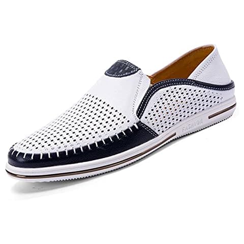 Men's Genuine Leather Loafers Shoes Fashion Slip-on Casual Soft Summer Driving Shoes,White-1,40EU=8 M US Cover