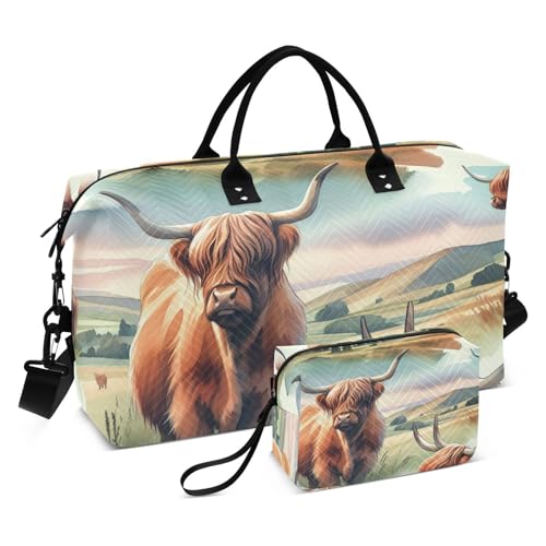 Watercolor Highland Cows Travel Duffel Bag, Shoulder Weekender Overnight Bags - Large Gym Bag with Wet Pocket