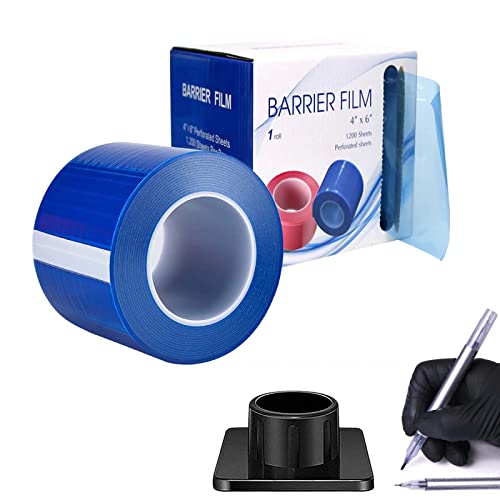 Blue Barrier Film 4 Inch x 6 Inch Barrier Film Tape 1200 Sheets Self-Adhesive Barrier Film Roll Disposable PE Protective Film for Dental Medical Tattoo w/Dispenser Box 2 Positioning Pen Fixed Base