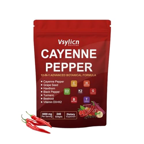 Cayenne Pepper 240 Softgels Supplement | Supports Heart and Blood Vessel Health | with Vitamin E D3+K2 and Extracts of Grape Seed, Hawthorn, Beetroot, Berberine | Vegans & Vegetarians