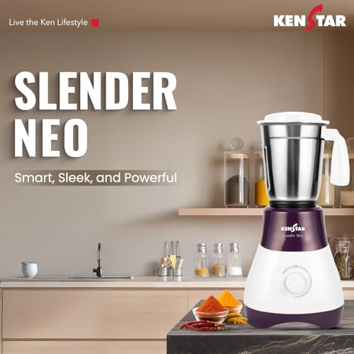 Image of Kenstar SLENDER NEO Mixer Grinder 500 Watts | 3 Multi-Purpose Jars | Powerful Turbo Motor | Overload Safety | White & Purple