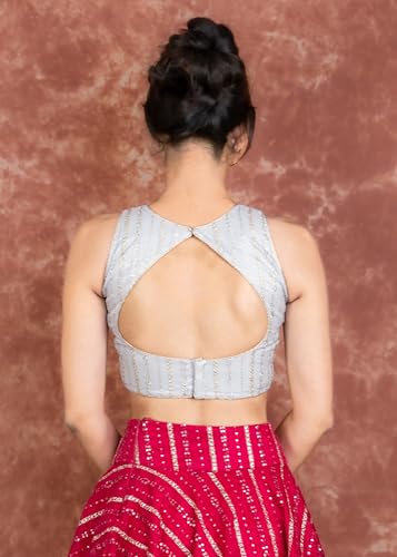 Image of FIGURE'S DESIGNER Women's Sequin Embroidered SabyaSachi Cut V Neck Sleeveless Readymade Saree Blouse E24