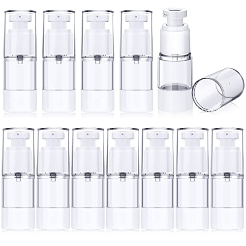 12 Pcs 15 ml Airless Pump Bottles 0.5 oz Travel Pump Bottle Dispenser Refillable Cosmetic Cream Jar Vacuum Makeup Pump Containers Plastic Pump Press Bottles for Lotion Perfume