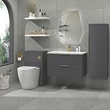 Evora 800mm Satin Grey Fluted Wall Hung Bathroom Vanity Unit 2 Drawer with Stone Basin & Brushed Brass Handles - Image 3