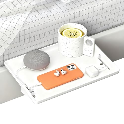 TFLPUO Nachttisch Regal, Weiß Clip-On Nachttisch Bettablage Regal Tablett Bett Organizer zum Einhängen mit Kabelführung für Bett Sofa ca.: 32 * 23.5cm