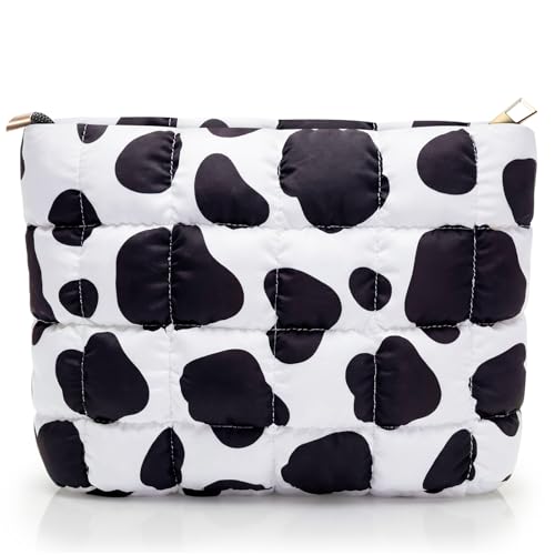Hillban Black White Cow Print Puffy Quilted Makeup Bag Quilted Cosmetic Bag Cute Puffer Gift for Women Toiletry Checkered Pouch Aesthetic Travel Makeup Brushes Organizer