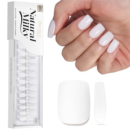 Image of Beetles Milky White Press On Nails, 160Pcs Short Squoval Fake Nails | Pre-Colored Full Cover Soft Gel Nails Offer a Milky White Salon-Gel Look without Polish Painting