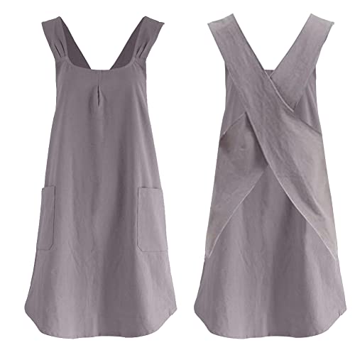 LIZHOUMIL Tablier Femme Coton Lin Uni Style Japonais Coréen Désinvolte Bretelles Croisées Espaceuses 2 Poches Tablier Gris
