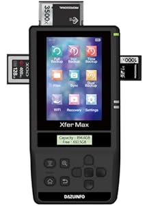 1750 GB/1.75TB HDD DAZUINFO XferMax X8-S Mobile WiFi Hard Drive. Autonomous PRO video/photo storage with XQD, CFast, SDXC UHS-II card reader up to 100 MB/s 700 GB Inkrem.Backup/battery. IPS-LCD OTG
