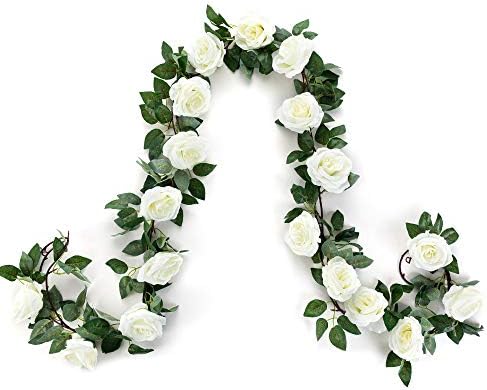 Artificial Rose Flower Garland White, 2pcs 15FT Silk Rose Flower Vines with 9 Big Rose head and Green Leaves, Good Choice Hanging Plant for Home Decor, Wedding Arch Decoration, Backdrop Decor(white,2)