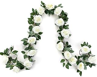 Artificial Rose Flower Garland White, 2pcs 15FT Silk Rose Flower Vines with 9 Big Rose head and Green Leaves, Good Choice Hanging Plant for Home Decor, Wedding Arch Decoration, Backdrop Decor(white,2)