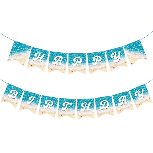 Ocean Beach Happy Birthday Banner 2-Piece Pre-Strung Summer Beach Birthday Party Decoration Blue Wave Cutout Banners for Pool Under The Sea Party Supplies