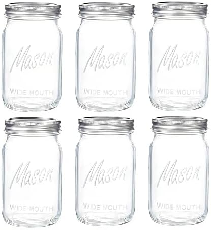 WELLIFE Wide Mouth Mason Jars, 6 Pack Mason Jars 32 oz for Pickli...