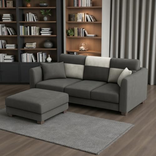 SOCOZI Evanto 3 Seater Modular L Shape Sofa Set with Ottoman | Soft Velvet Suede Fabric | Modern Design | Plush Comfort Cushions for Living Room (Dark Grey-Light Grey)