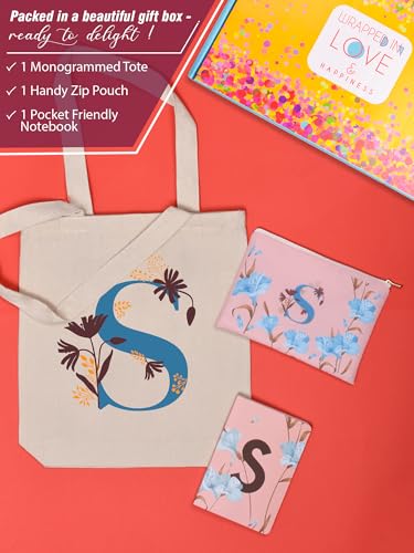 Image of DOODLE Monogram S Diary Gift Set - B6 Soft Bound Ruled Notebook with Tote Bag & Zipper Pouch - Premium Stationery Gift Set for Women & Girls | Perfect Personalised Gift Set for Women's Day