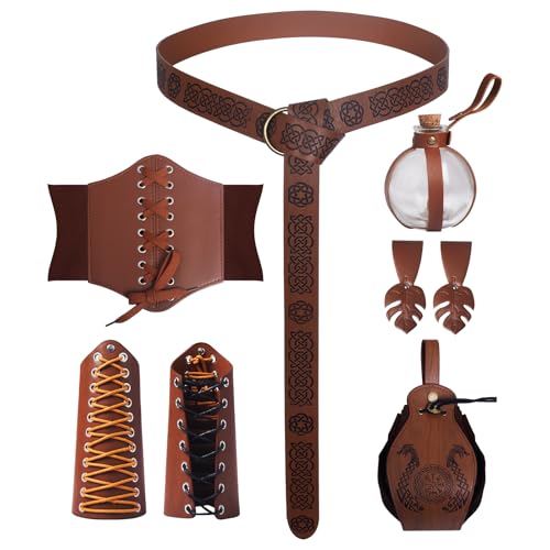 MVFEUIJ Accessoires de chevalier médiéval - Ceinture viking - Sac en cuir - Bouteille magique - Ensemble d'accessoires de costume de sorcière médiéval rétro...