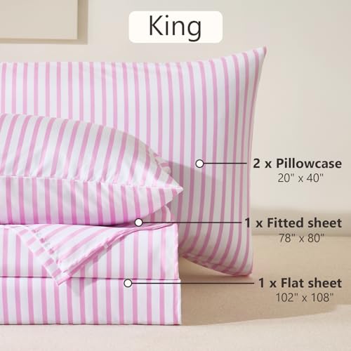 Image of MCO 4Pieces Striped Sheets Set, Breathable King Sheet Set with 16 inch Deep Pocket,Modern & Luxury, Brushed Microfiber Bedding Set(King, Pink Simple)