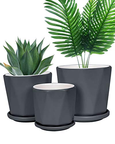 Gray Ceramic Geometric Indoor Plant Pot with Tray - Set of 3 Middle and Large Modern Planter (5.4\" 6.8\" 8.1\"), Diamond Texture Flower Pots with Drainage Hole and Saucer for Indoor Outdoor Plant