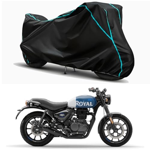 Image of Waterproof Bike Body Cover Compatible for | Royal Enfie Hunter 350 | Taffeta Fabric, Sky Piping Design, Bottom Elastic Fit | Dustproof, Sun UV & Rain Protection for All Weather.