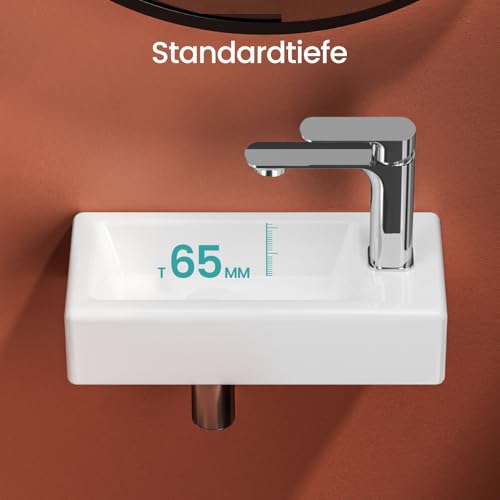 Lavabo suspendu 36,5 cm compact avec plage de robinetterie à droite