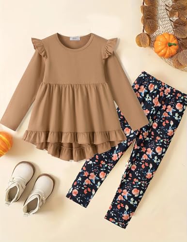 Image of Yekaty Girls Clothes Ruffle Shoulder High Low Hem Long Sleeve Top and Floral Pants 2 Piece Fall Outfits Clothing Set