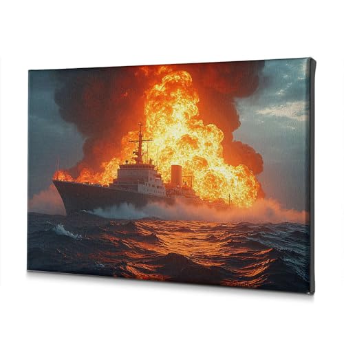 Toile bateau en feu ocean PKRD 30x40cm pour deco de salle de bain