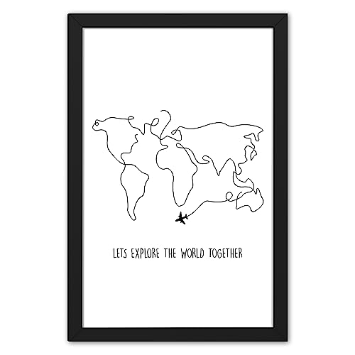 Ritwika's Minimal Abstract Wall Art Of World Line Art Painting With Frame for Home and Office Decor | Size 9.5 x 13.5 Inch, Set of 1 Black And White (16 - EXPLORE WORLD)