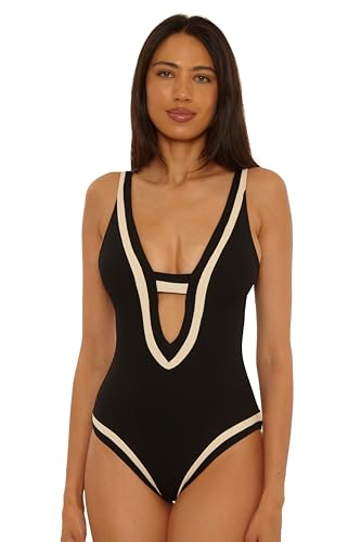 BECCA Coast Line - Womens Plunge One Piece Swimsuit Adjustable Bathing Suits for Women Black Tan Small