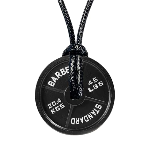 Gym Gifts for Men and Women: Black 45 lb Plate Necklace, Adjustable Cotton Rope Cord, Motivational Gym Rat Gifts for Women, Stylish 1.5in Diameter Motivation