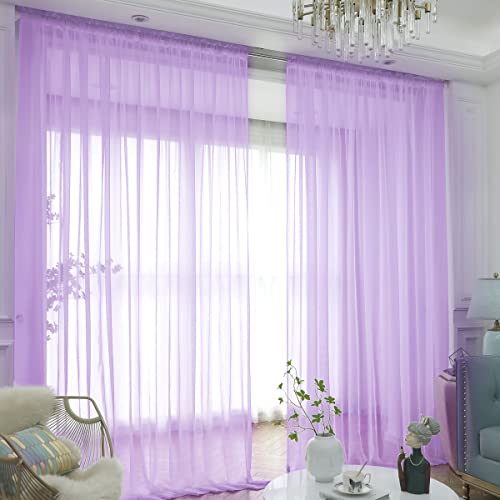 Image of Window Purple Sheer Curtains 72 Inches Long 2 Panels Sheer Curtain Basic Rod Pocket Panel for Bedroom Children Living Room Yard Kitchen (Purple, 52 inch W x 72 inch L | 2 pcs)