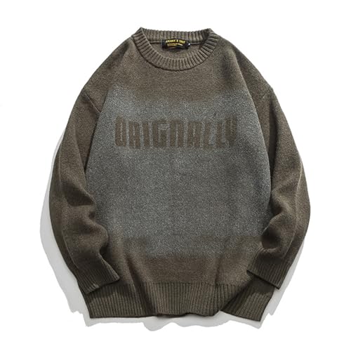 Pull tricoté homme vert vintage de coupe ample et style rétro en maille confortable