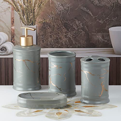 Image of SaSaSa Ceramic Bathroom Accessories Set of 4 Modern Bath Set with Soap Dispenser & Toothbrush Holder, Luxury Home & Gift Idea, Grey /Gold (8227)