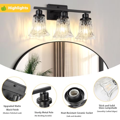 Image of JOPESO Bathroom Light Fixtures,Matte Black 3-Light Bathroom Lights Over Mirror with Glass Shade,Bathroom Wall Sconce Lamp for Mirror Living Room Bedroom Hallway (Black, 3-Light)