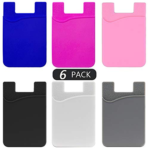 Phone Card Holder, Silicone with 3M Adhesive Stick-on Cell Phone Wallet, Slim Id Credit Card Holder Pouch Sleeve Pocket Compatible with iPhone Samsung Galaxy Android Smartphones Multi Colors - 6 Pack