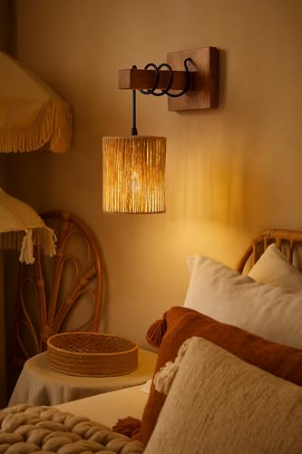 Image of AKWAY Rattan wall Lamps for Living Room | Bamboo wall Lights for Bedroom | Cane wall scones for Home Decoration (Bulb Not Included) (Raffia Hang)