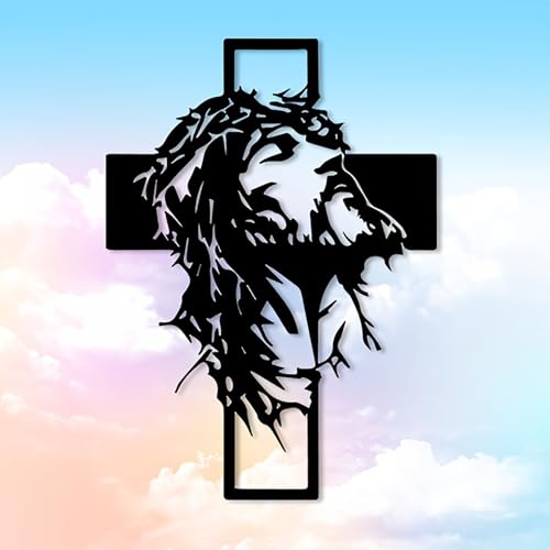 Arte de pared de metal con Jesús y cruz: decoración cristiana del hogar, arte de pared de metal con cruz de clavo de Jesús, decoración religiosa negra con rasgos faciales detallados (16 inch)