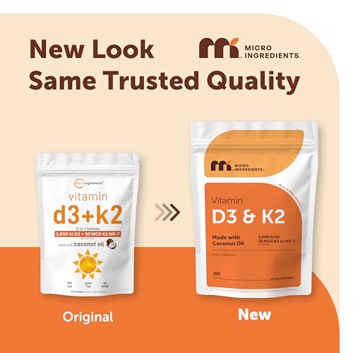 Image of Micro Ingredients Vitamin D3 2,000 IU + K2 MK-7 50 mcg, 300 Softgels | Made with Coconut Oil | 2-in-1 Formula | Easy to Swallow, Non-GMO
