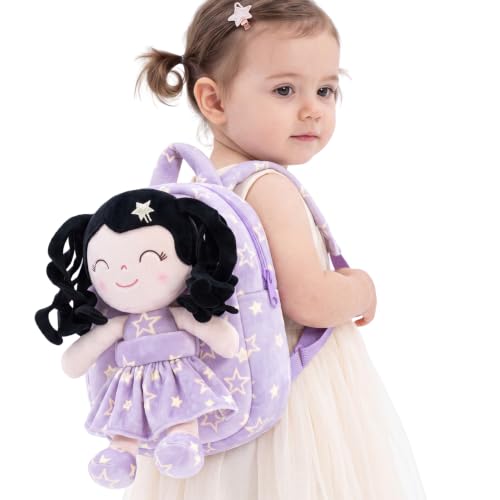 Image of Gloveleya Toddler Backpacks Baby Girl Gifts Curly Hair Plush Figures Dress Backpack Kids Backpack Curly Hair Spring Girl - Black Head Purple Star 9''
