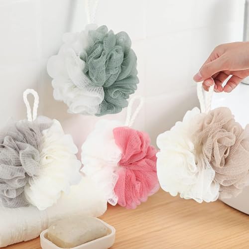 Image of Loofah Sponge Shower Loofahs 4 Colors Bath Sponges Body Scrubbers | Mesh Balls Luffa for Rich Lather Exfoliating Wash Back Scrubber Bathroom Men Women 4 Pack Cleaning Bathing Accessories