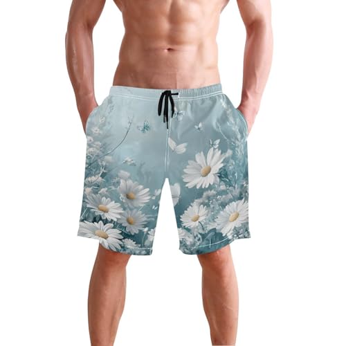 Men’s Swim Trunks White Daisy Flower Butterfly Beach Board Shorts Swimming Short Pants Running Sports Surffing Shorts2