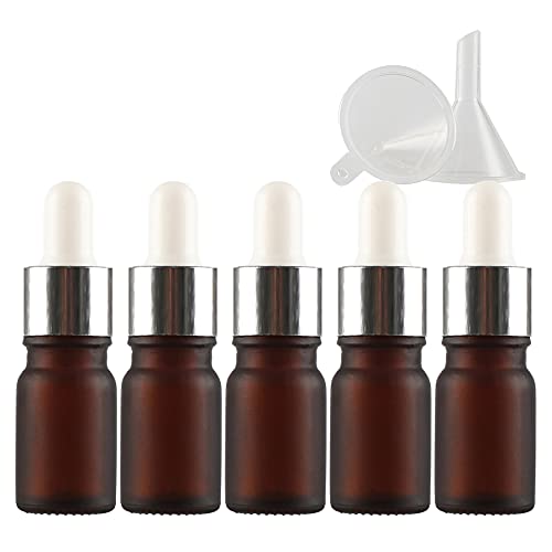 DLIBUY 5 Pieces Empty 5ml Frosted Brown Glass Dropper Bottles with Glass Pipettes Silver Screw Cap for Essential Oil Aromatherapy Blends Fragrance Perfume Cosmetic Vials Travel Containers Funnel