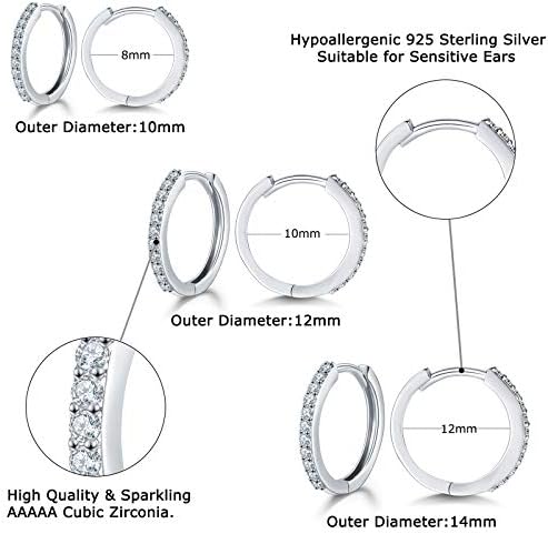 SAKUNALA Silver Hoops Earrings for Women, 3 Pairs 925 Sterling Silver Hoop Earrings Set, Small Unisex Sleeper Huggie Hinged Hoop Earrings, 3 Colors in Silver/Gold/Rose Gold, Diameter in 10/12/14mm