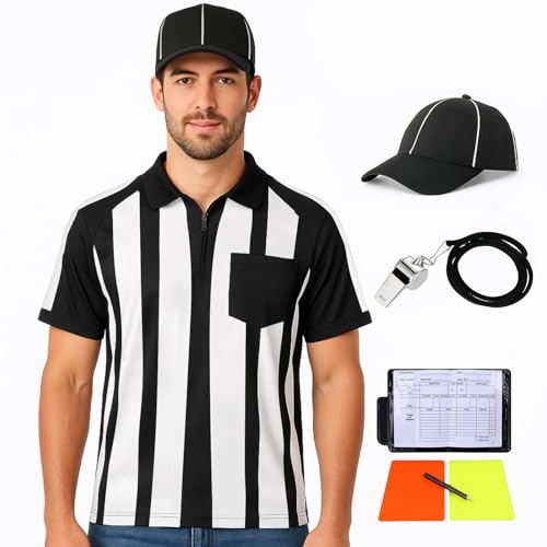 Simlakey 6 Pcs Men's Official Referee Costume Set Zipper Collar Shirt Hat Whistle Yellow Red Penalty Flag for Football Soccer(L)