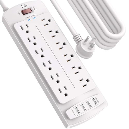Power Strip Tcstei Surge Protector with 12 Outlets and 4 USB Ports 20 Feet Extension Cord for Home Office Dorm Essentials 2700 Joules White