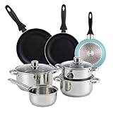 Bistro Series Set de Batería de cocina de 7pc en acero inoxidable + 3 Sartenes Ø16Ø20Ø24cm Azul mate en aluminio prensado