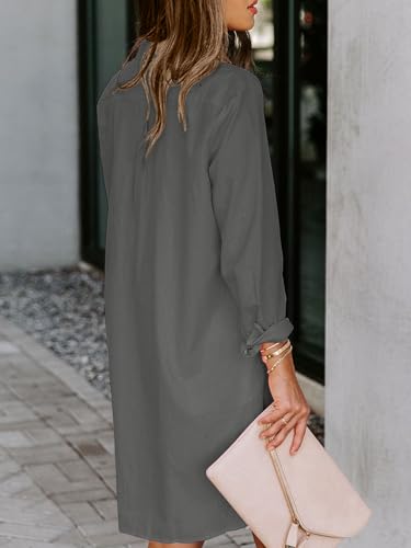 Image of Aoudery Womens Button Down Shirt Dresses with Pockets Cotton Button Up Tunics Long Sleeve Solid High Low Blouse Tops