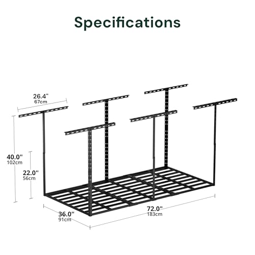 Image of SunsGrove 3x6 Overhead Garage Storage Rack Organization, Adjustable Ceiling Mounted Storage Racks, 800LBS Weight Capacity, 22 inch-40 inch Ceiling Dropdown, Hammertone Black