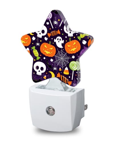 Image of Halloween Skull Star Night Light Plug in, Decorative Night Light for Kids Room Nursery Bedroom, Soft Glow Sensor Lamp for Hallway Bathroom, Compact Energy Saving