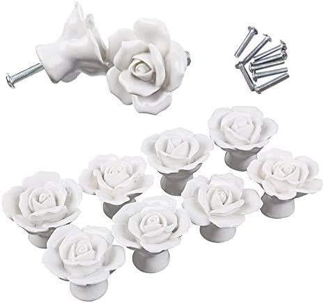 DLD Handle Knobs, Elegant Pink Rose Pulls Flower Ceramic Cabinet Knobs Cupboard Drawer Pull Handles + Screw Furniture Handle knob Ornament(8 Pieces) (White)